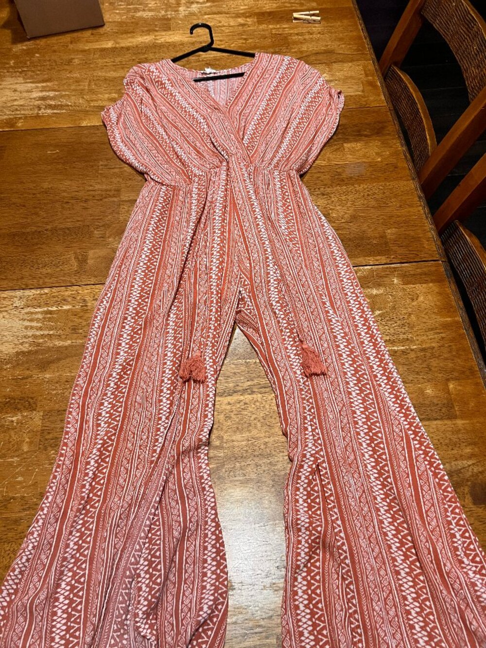 Main Strip Surplice Open Leg Print Jumpsuit with Tassel Peach Romper Large Boho